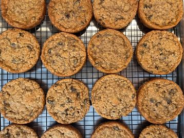 Freshly baked oatmeal chocolate chip cookies cooling on a wire rack.
