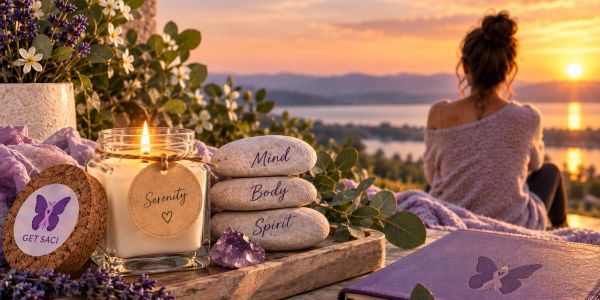 Serene sunset meditation with candles, stones, and a woman relaxing.