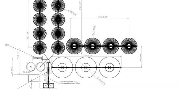 Technical layout of a machine with labeled parts and dimensions.