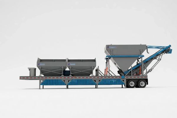 Mobile industrial equipment with large hoppers and conveyor system.