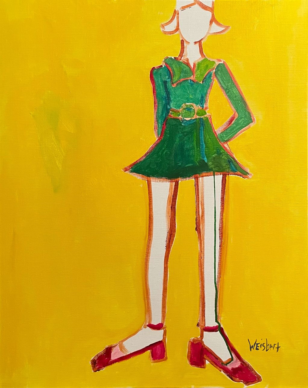 Minimalist painting of a faceless figure in green dress and red shoes on yellow background.