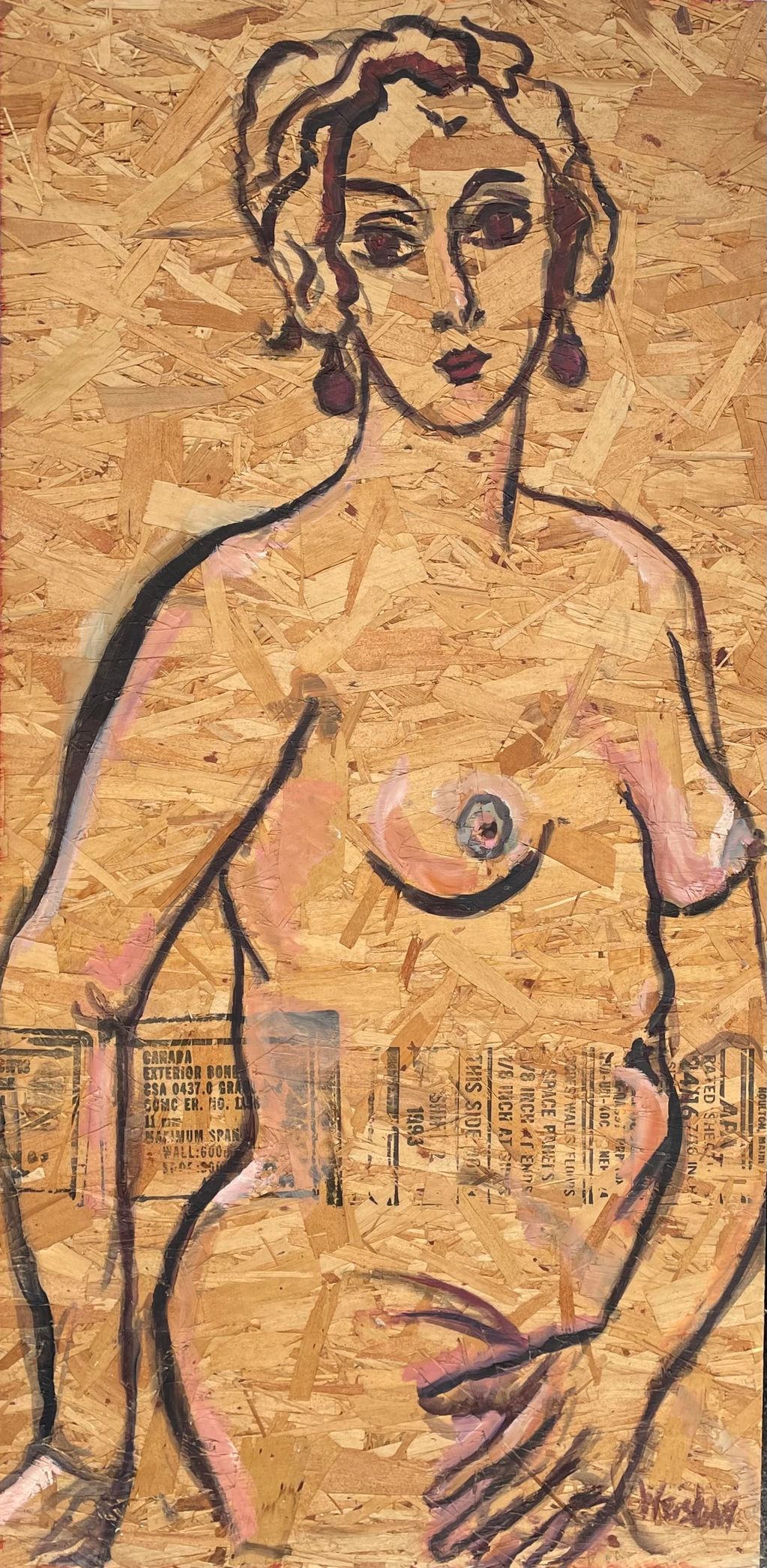 Abstract nude woman painted on wood panel with bold lines and earthy tones.