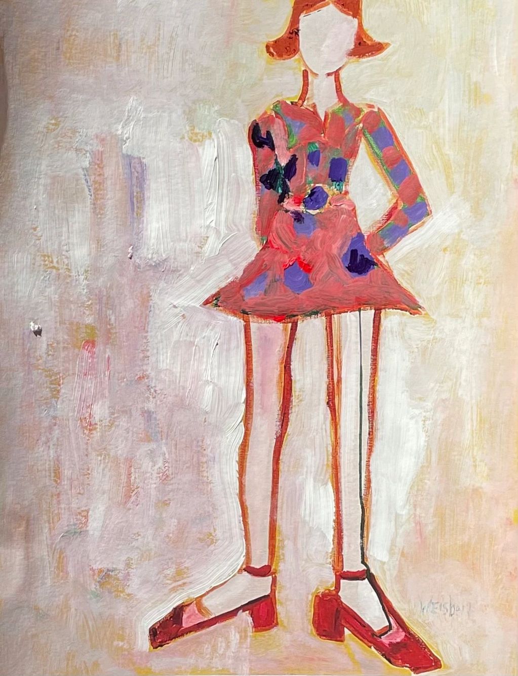 Abstract painting of a faceless figure in colorful attire and red shoes.