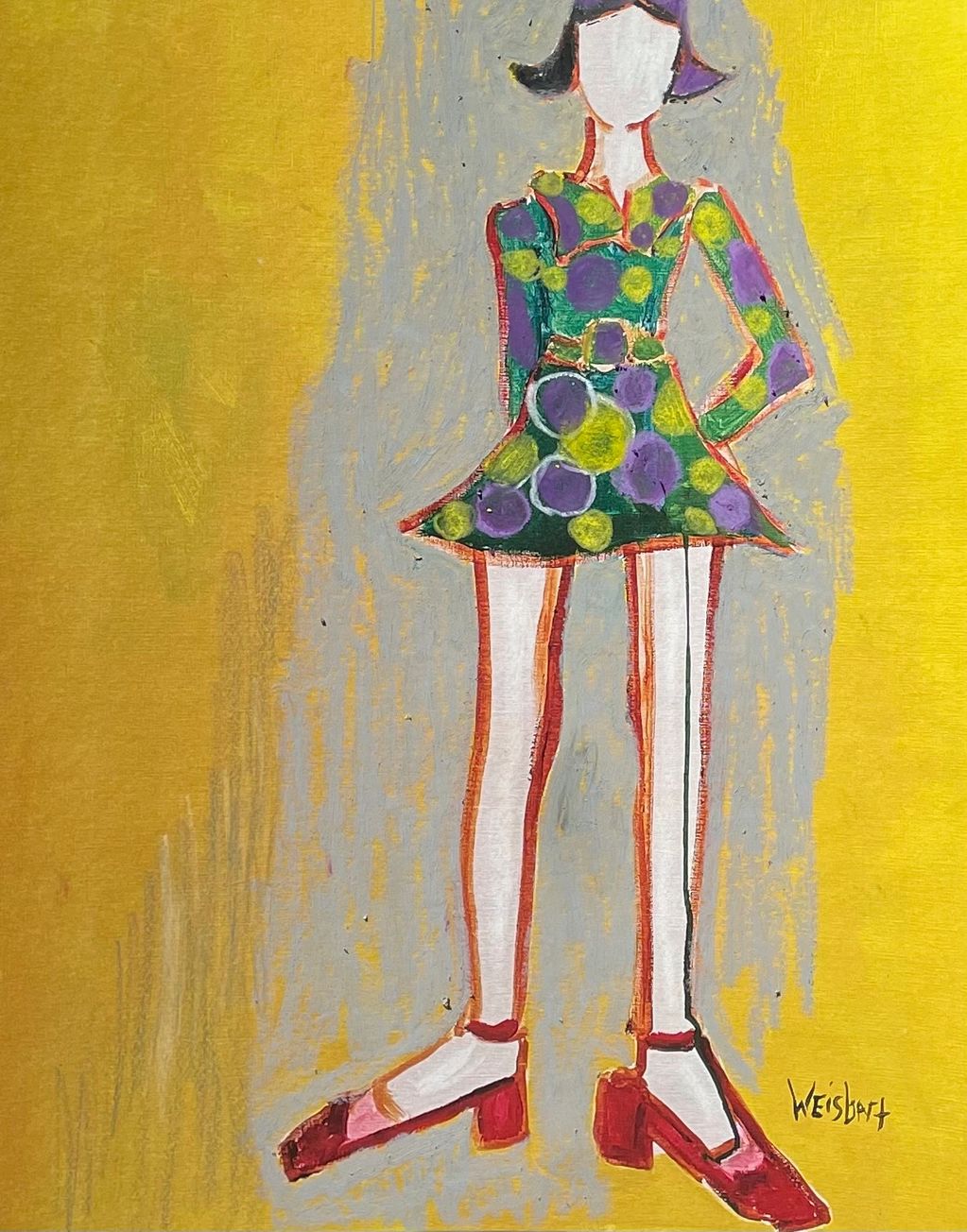 Abstract painting of a faceless woman in a colorful dress and red shoes.