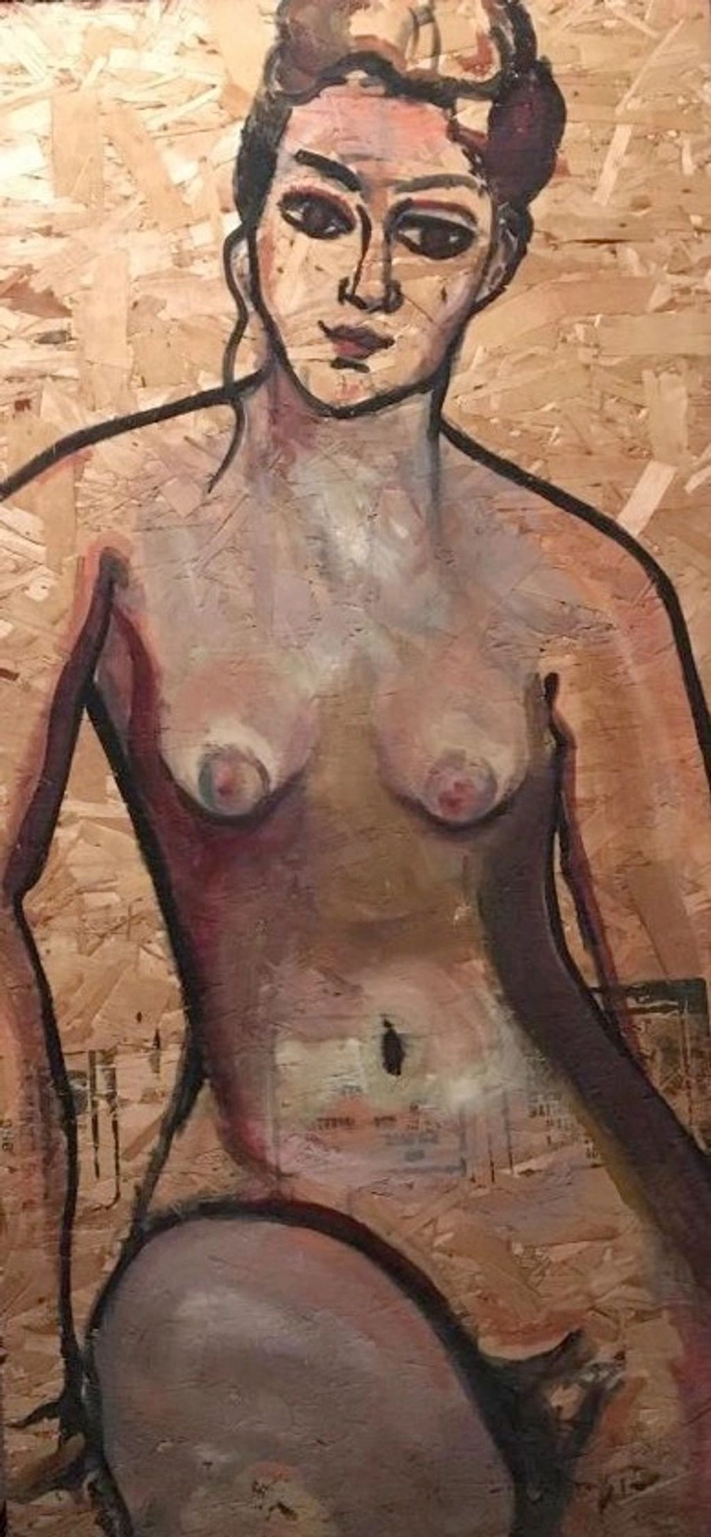 Abstract painting of a nude woman on a textured background.