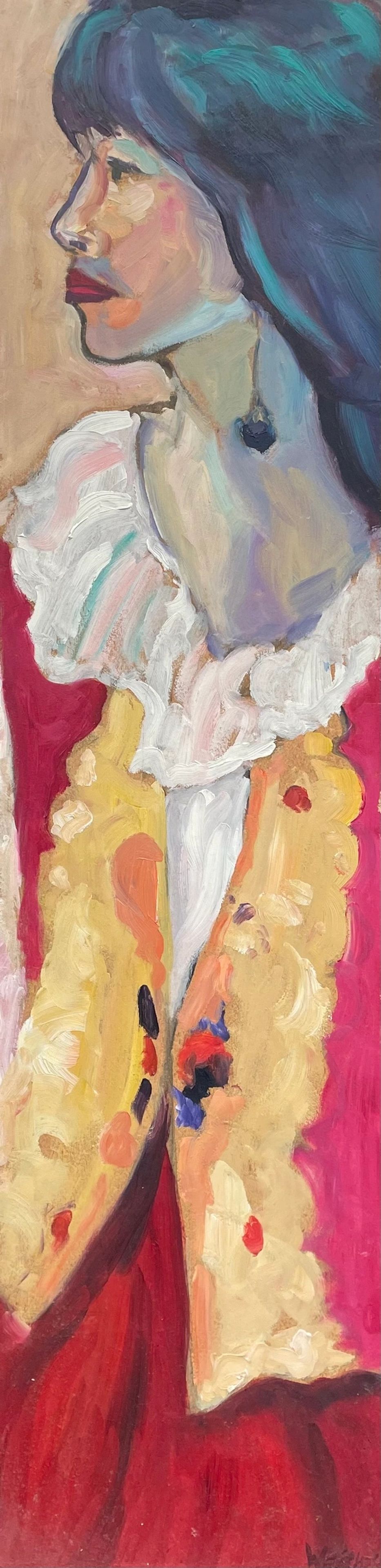 Elegant portrait of a woman in vibrant attire with expressive brushstrokes.