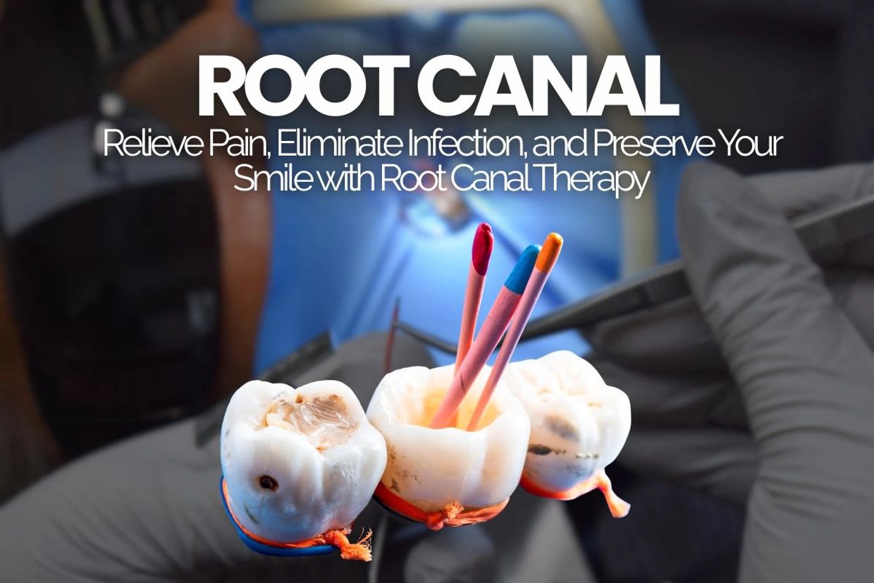 Imagen de dientes con tratamiento de conducto y mensaje promocional.