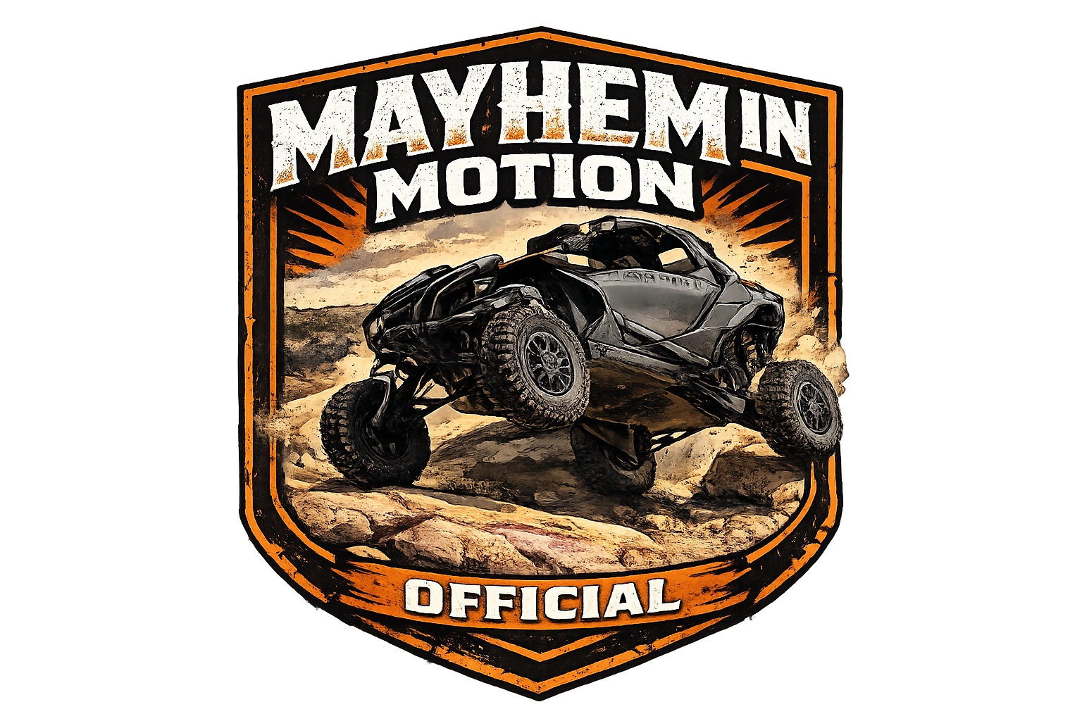 Off-road vehicle jumping over rocks with 'Mayhem in Motion Official' text.