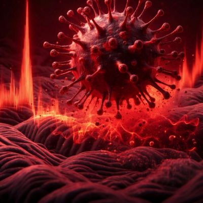 Close-up digital illustration of a red virus particle with spikes.