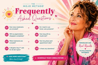 Brighter Days™ Frequently Asked Questions graphic featuring a woman with radiant skin, common pigmen