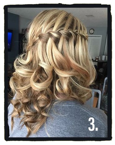 Waterfall braid updo with half up/half down styling