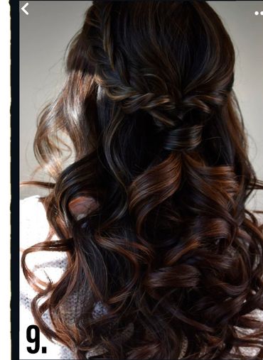 Braided pony w/curled hair for half up and half down updo for prom hair, bridal hair or homecoming.