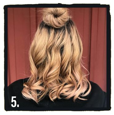 Bun with with curls half up and half down hair style