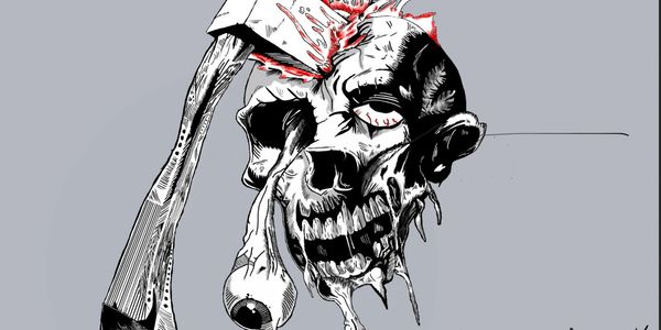 Graphic illustration of a skull with an axe embedded, blood and an eyeball hanging out.