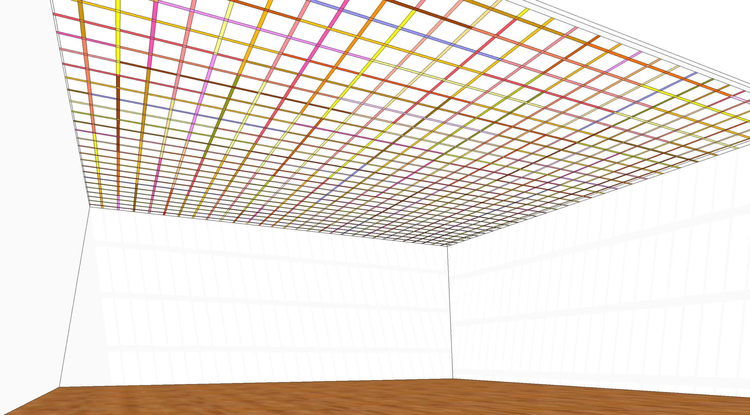 Colorful grid ceiling in an empty room.
