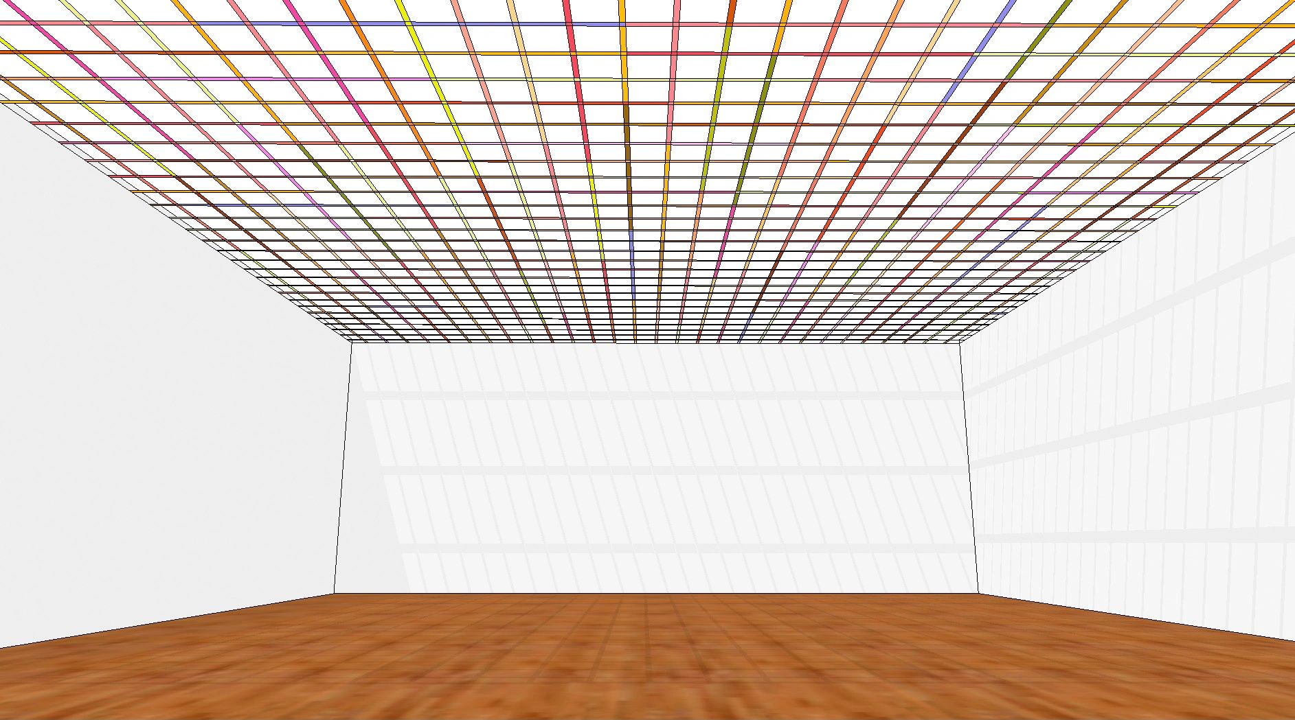 Empty room with colorful grid ceiling and wooden floor.