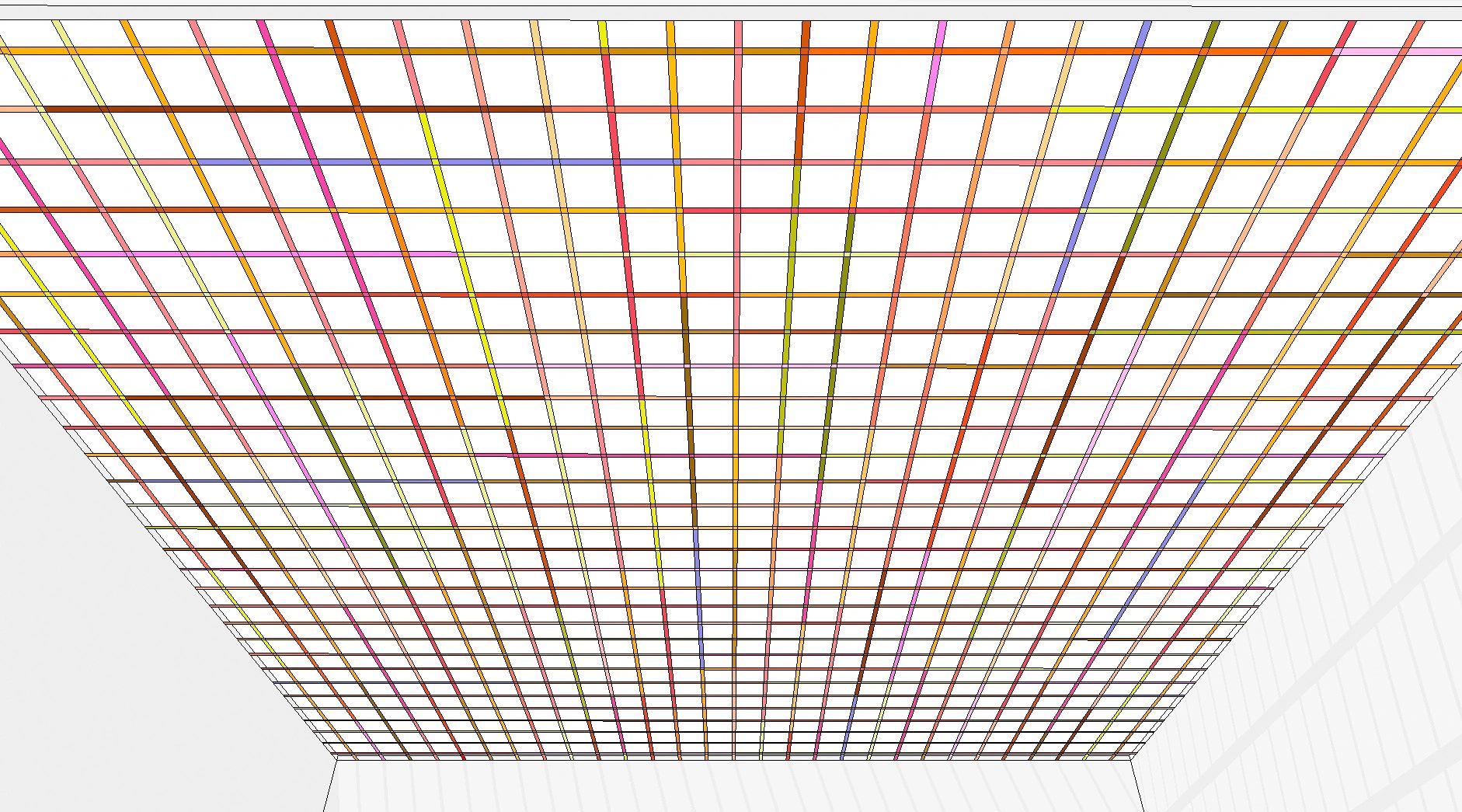 Ceiling with colorful grid pattern.