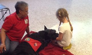 Therapy dog listening intently to a little girl reading.