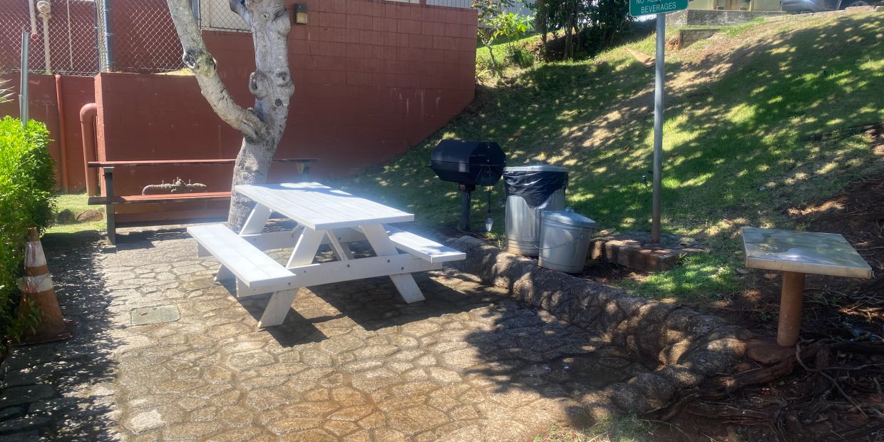 Outdoor picnic area with a white table and grill.