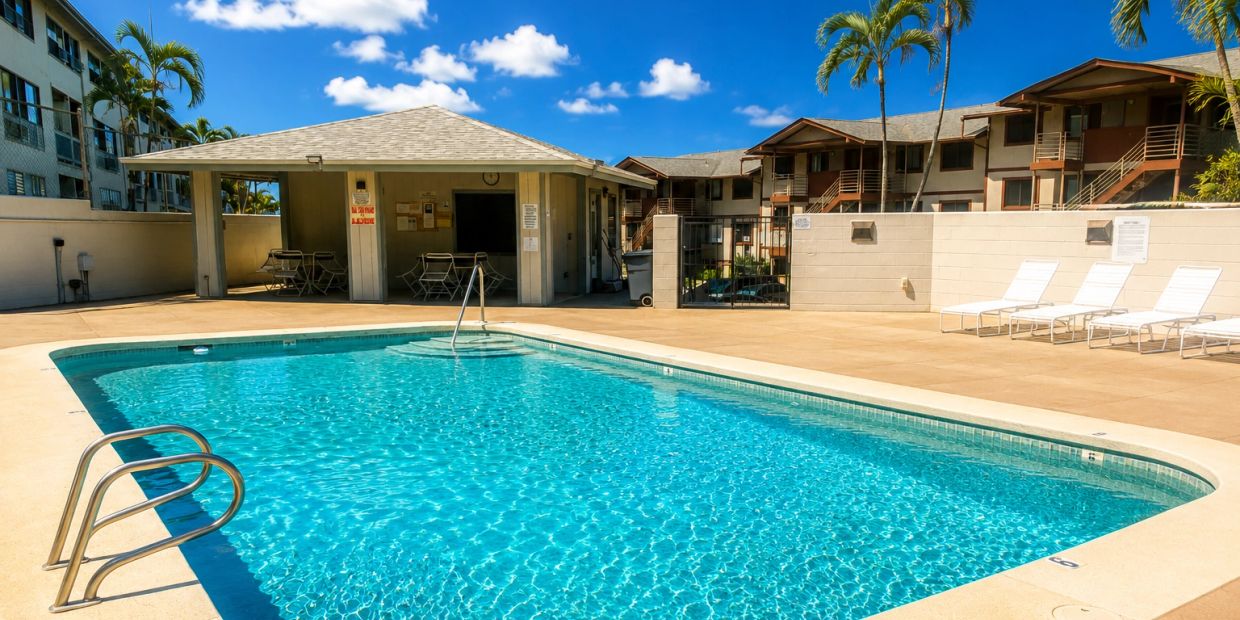 Sunny outdoor pool area with lounge chairs and buildings.