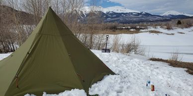 hot tent in snow in twin lakes colorado