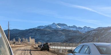 view of the san juans from the orvis parking lot