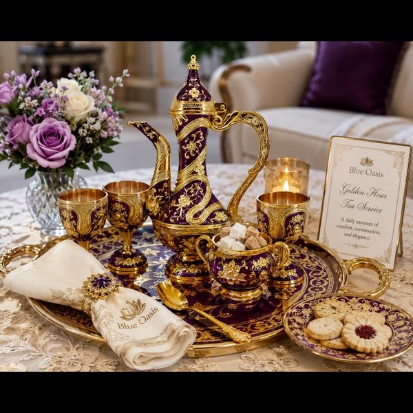 Elegant golden and purple tea set with cookies and flowers on a lace tablecloth.