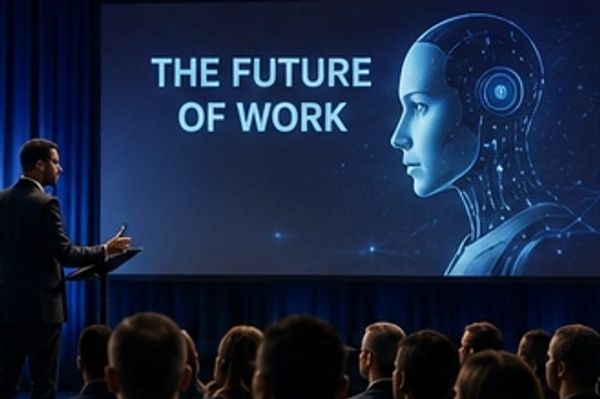 Collage of technology, AI, education, and professional growth images.