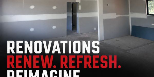 Empty room under renovation with motivational text about renewing and refreshing.