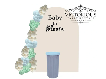 Backdrop for 'Baby In Bloom' party by Victorious Party Rentals.