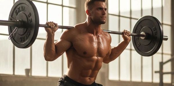 Muscular man lifting weights in gym.