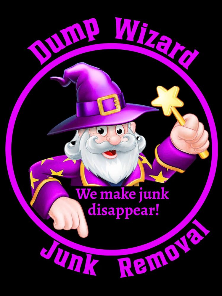 A wizard-themed logo for Dump Wizard Junk Removal with bright purple text and a magic wand.