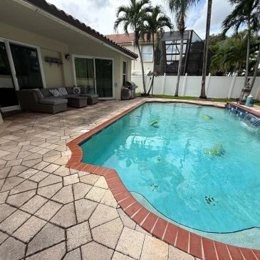 Outdoor pool area with seating and palm trees.