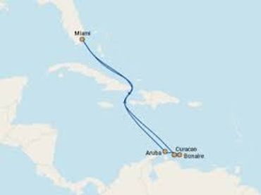 Cruise route from Miami to Aruba, Bonaire, Curacao, and back to Miami.