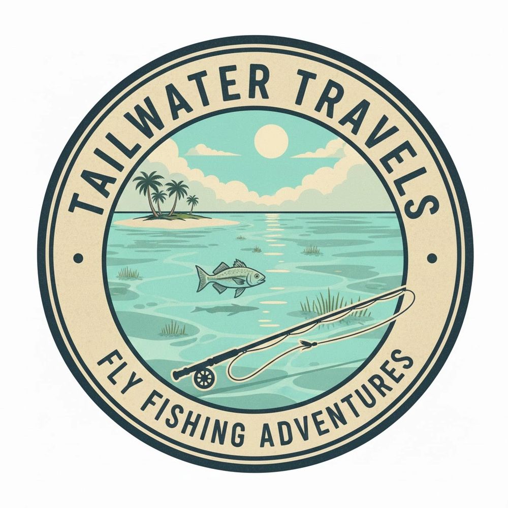 Logo for Tailwater Travels fly fishing adventures featuring a fish, fishing rod, and island.