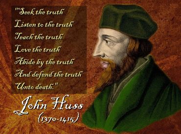 Portrait of John Huss with a quote about seeking and defending the truth.