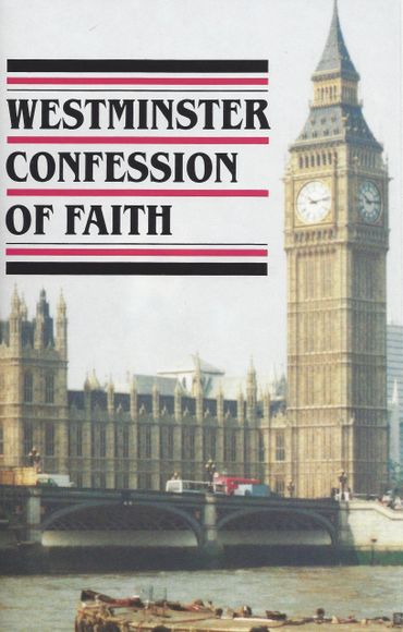 Cover of Westminster Confession of Faith with Big Ben and Westminster Bridge in London.