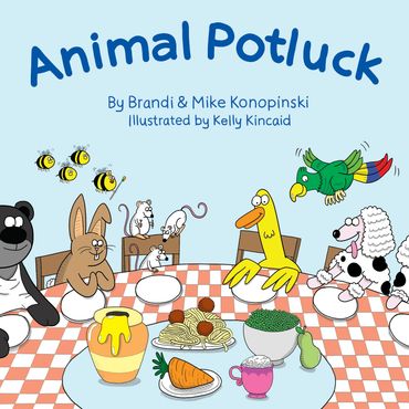 Front cover of "Animal Potluck", lots of colorful animals sitting at a dinner table.