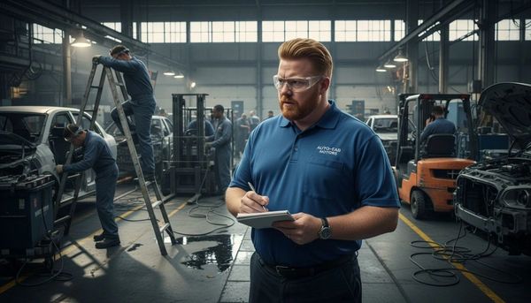 Man supervising car repairs in a busy auto workshop.