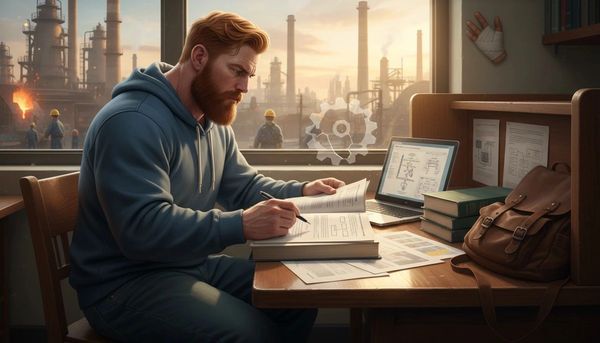 A man studies engineering with industrial background through a window.