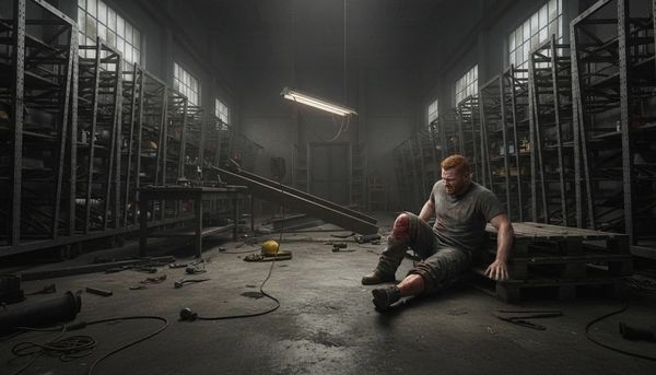 A man injured and sitting on pallets in a dimly lit workshop.