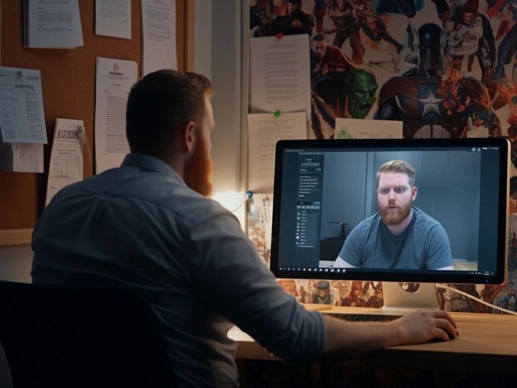 Man video conferencing with himself on a computer screen.