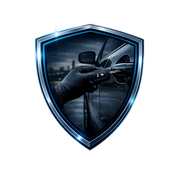 A gloved hand holding a car key near a car door, framed by a shield.