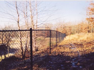 A chain-link fence stretches along a wooded area with leafless trees and dry grass.