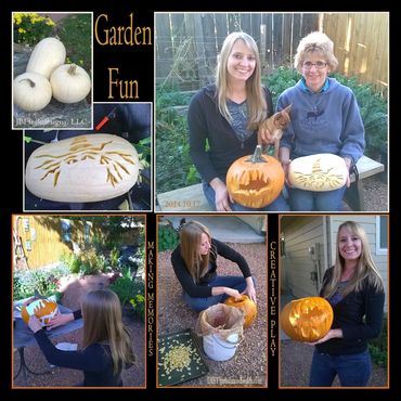 A collage of Mother and daughter images carving white and orange pumpkins for Halloween decorations.