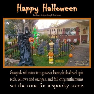 Home with Halloween graveyard fence, headstones, stacked pumpkins, fall colored plants and ghoul.