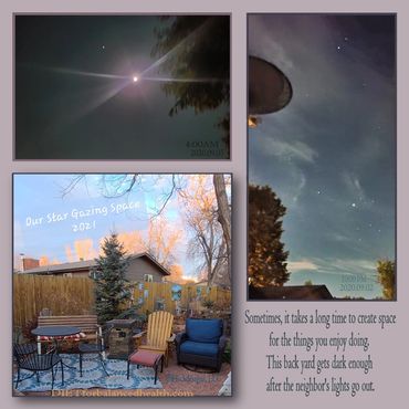 Night scene with bright stars and backyard furniture arranged for star gazing.