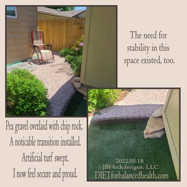 Backyard landscape with lounge chair, chip rock path, threshold transition, barn and turf path.