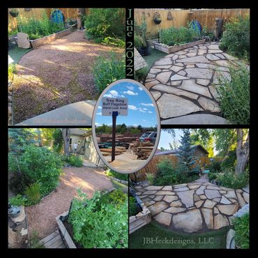 4 images of before and after for flagstone space in backyard landscape. Tree ring flagstone was used
