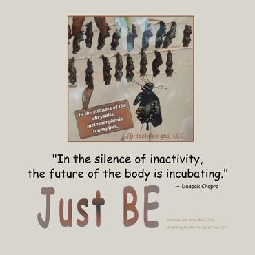 multiple butterfly chrysalis with one emerging swallowtail butterfly and author's quote plus Just Be